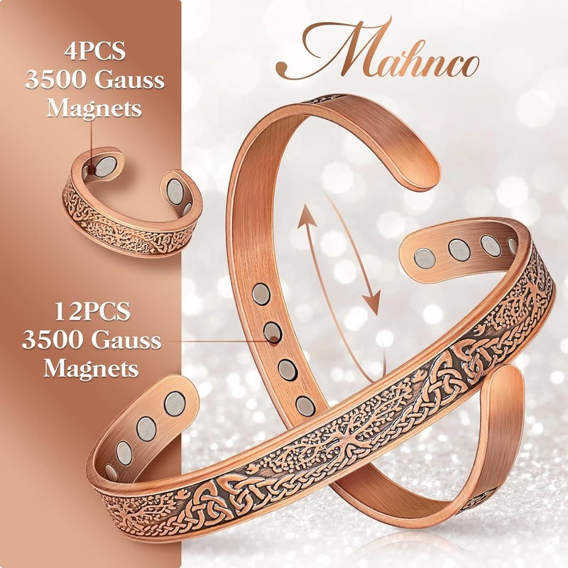 Mahnco Copper Bracelets for Women & Lymphatic Drainage Ring, Magnetic Lymph Detox Ring and Magnetic Copper Bracelet, 100% Solid Pure Copper Jewelry Gift - Image 2